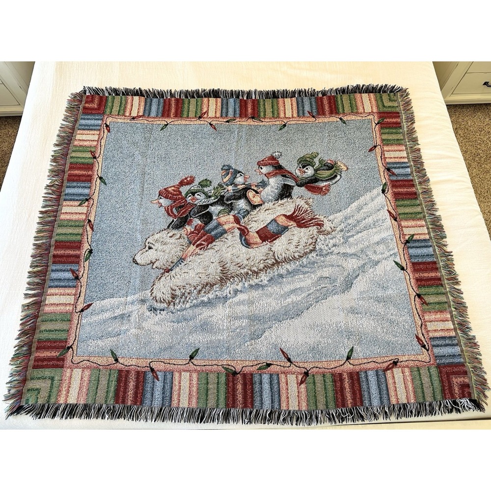Tapestry Throw Blanket Christmas Polar Bear Sled Penguins 51"x57" Made In USA